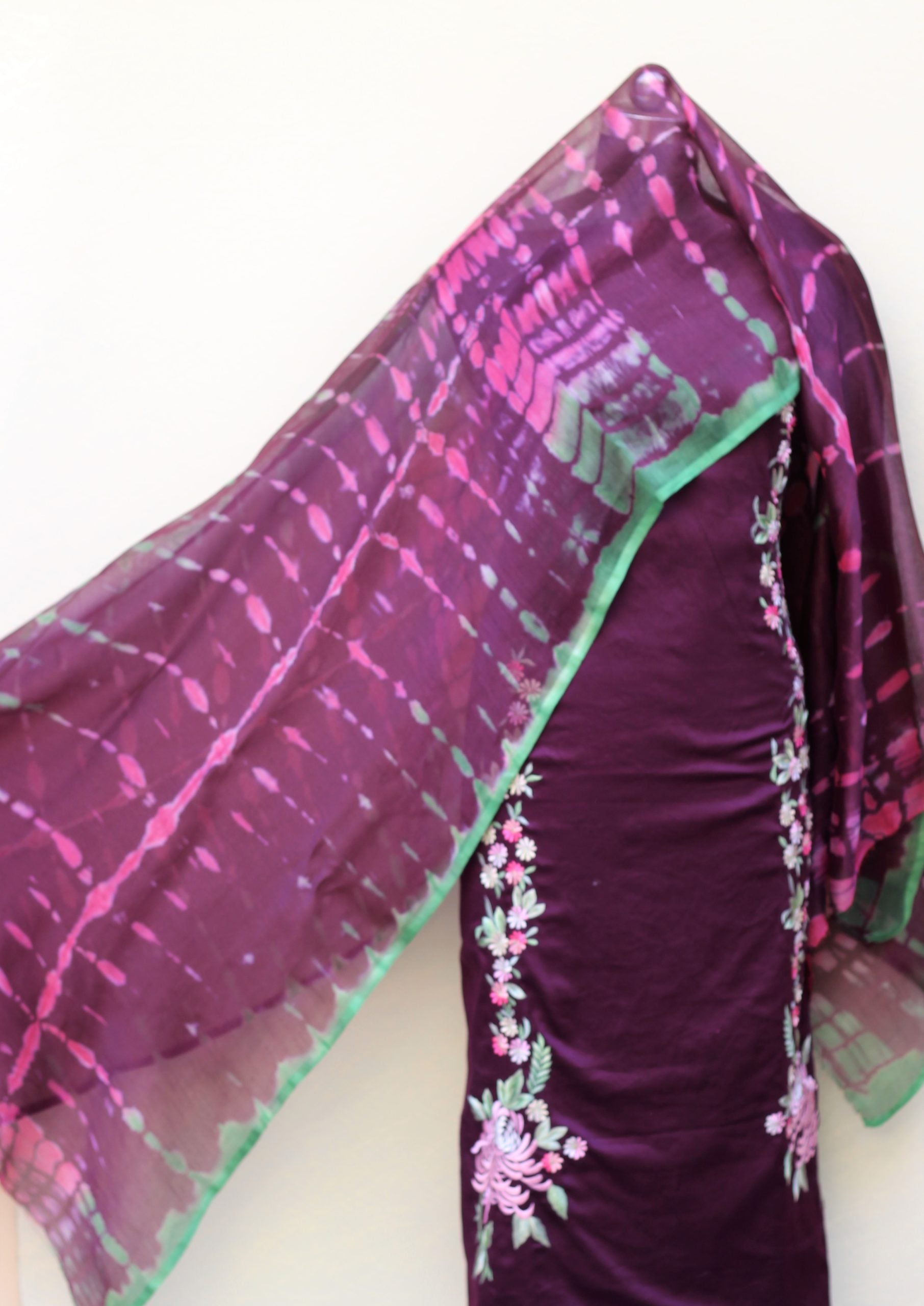 Purple Wine Full Suit With Chanderi Kota Tie Dye Dupatta