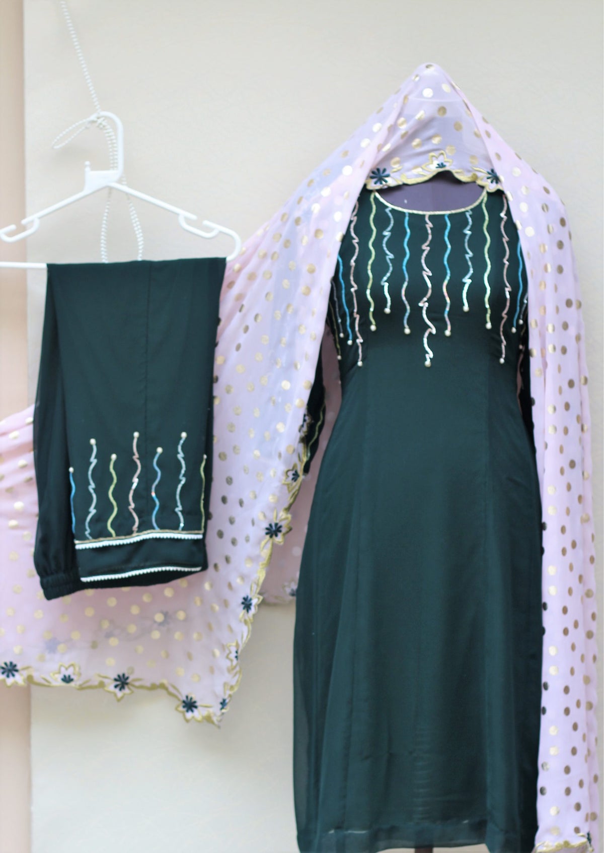 Bottle Green Full Suit With Georgette Chiffon Dupatta