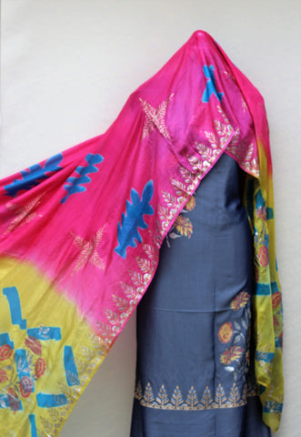 Greay Full Suit With Tabbi Silk Tie Dye Dupatta