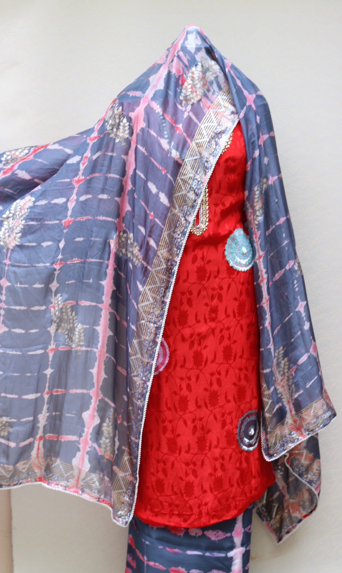 Red Full Suit With Tabbi Silk Tie Dye Dupatta