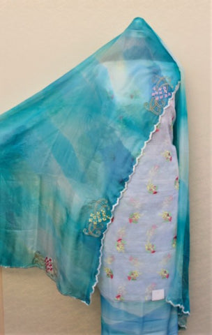 White and Firoji Full Suit With Tabbi Silk Tie Dye Dupatta