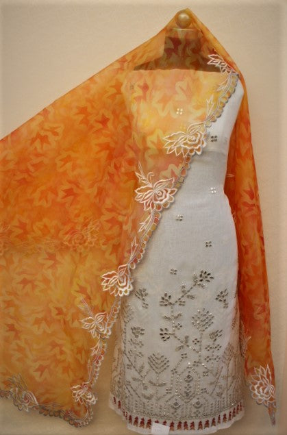 White Full Suit With Orange Tie Dye Dupatta