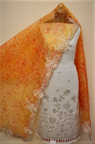 White Full Suit With Orange Tie Dye Dupatta