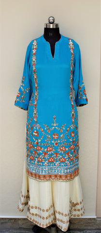 Firoji Blue and Cream Sharara Suit With Cream Chinon Chiffon Dupatta