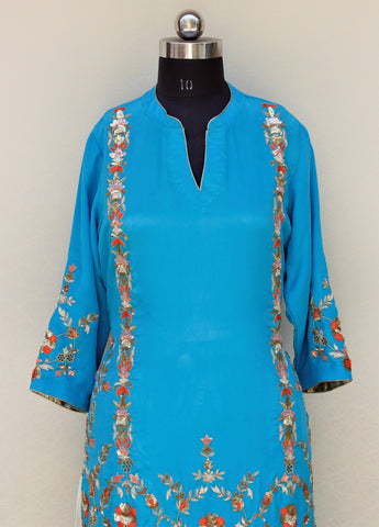 Firoji Blue and Cream Sharara Suit With Cream Chinon Chiffon Dupatta