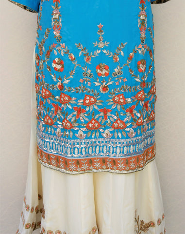 Firoji Blue and Cream Sharara Suit With Cream Chinon Chiffon Dupatta