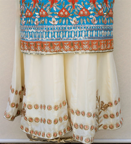 Firoji Blue and Cream Sharara Suit With Cream Chinon Chiffon Dupatta