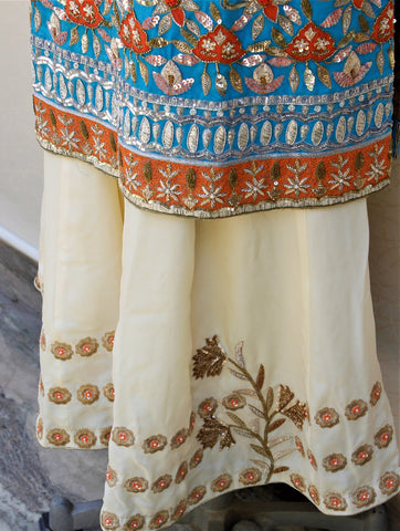 Firoji Blue and Cream Sharara Suit With Cream Chinon Chiffon Dupatta