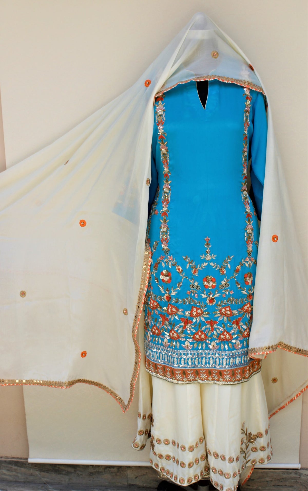 Firoji Blue and Cream Sharara Suit With Cream Chinon Chiffon Dupatta