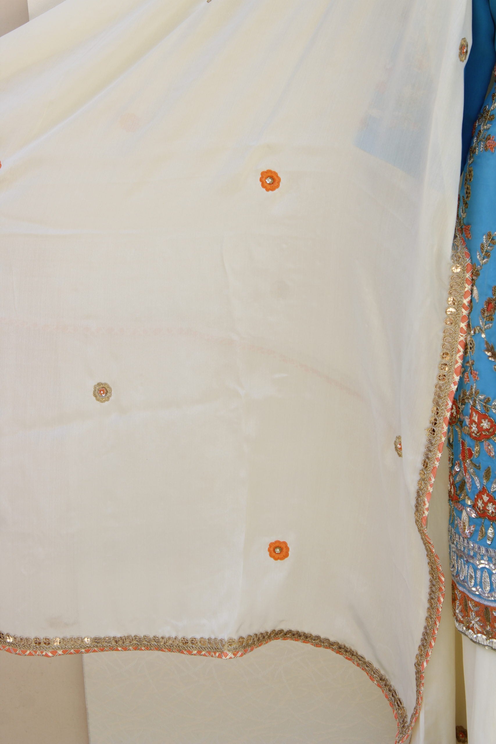 Firoji Blue and Cream Full Suit With Cream Chinon Chiffon Dupatta