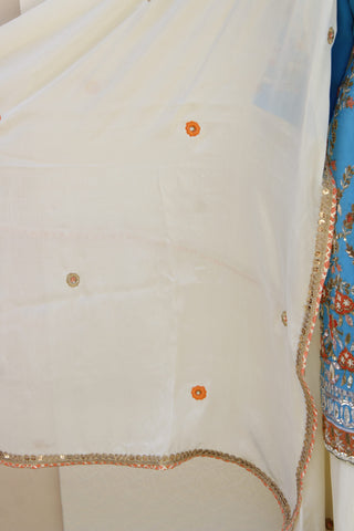 Firoji Blue and Cream Sharara Suit With Cream Chinon Chiffon Dupatta