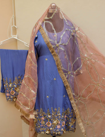 Blueish Gray Full Suit With Rose Gold Organza Dupatta
