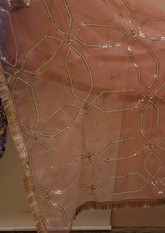 Blueish Gray Full Suit With Rose Gold Organza Dupatta