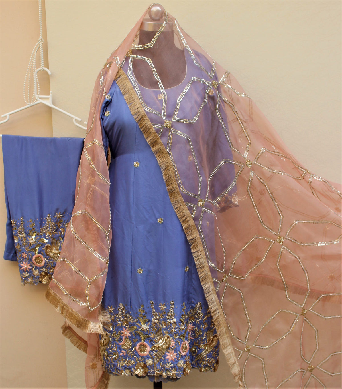 Blueish Gray Full Suit With Rose Gold Organza Dupatta