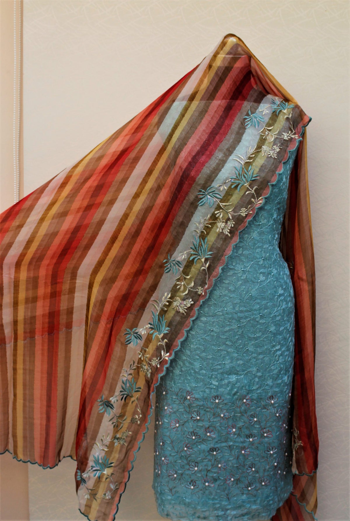 Firoji Greay Full Suit With Organza Dupatta