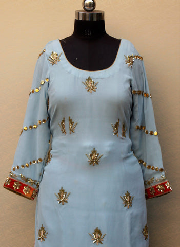 Blueish Gray Garara Suit With Organza Dupatta