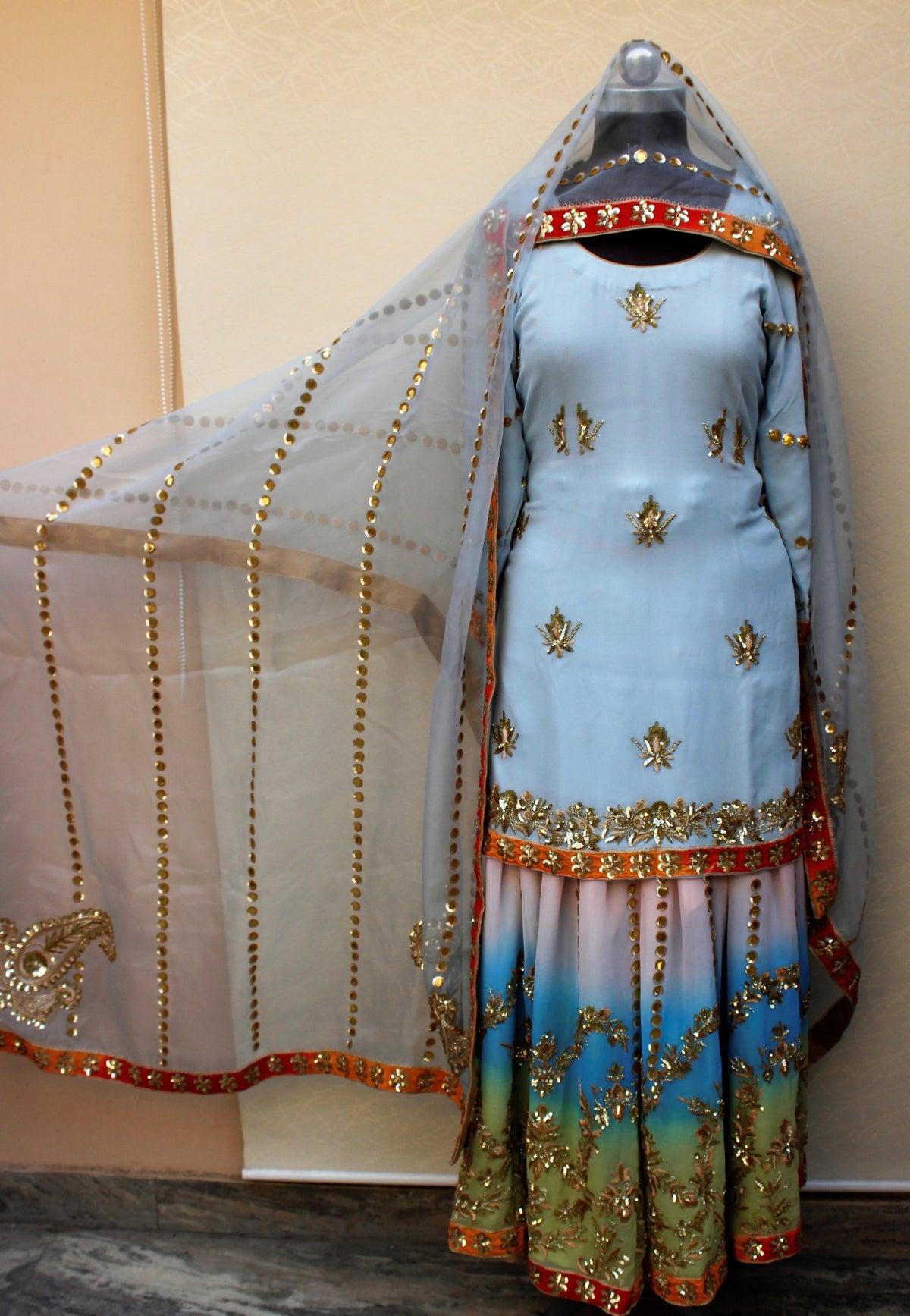 Blueish Gray Garara Suit With Organza Dupatta