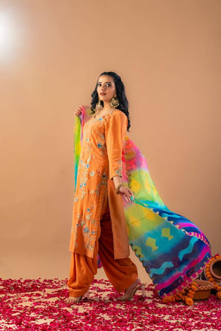 Orange Rust Full Suit With Tabbi Silk Tie Dye Dupatta-1375