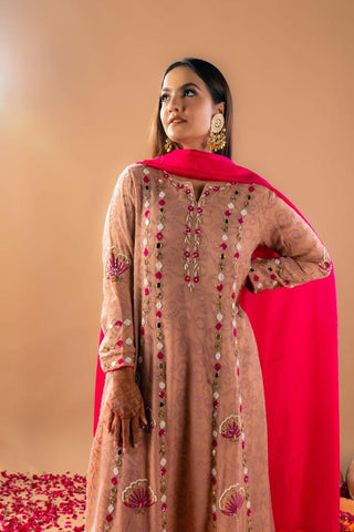 Rose Gold Full Suit With Pink Tabbi Silk Dupatta-1376