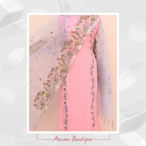 Pink Full Suit With Blueish Greay Organza Duaptta